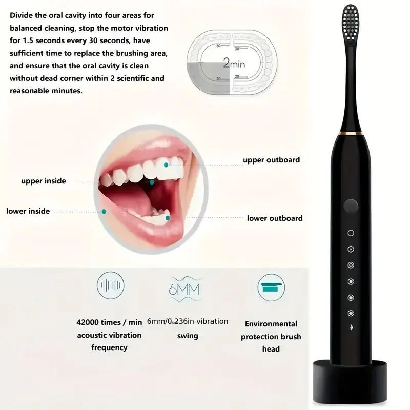 X3 Sonic Electric Toothbrush Rechargeable | USB Fast Charging Toothbrush with 5 Modes Deep Cleaning Whitening & Gum Care - Image 4