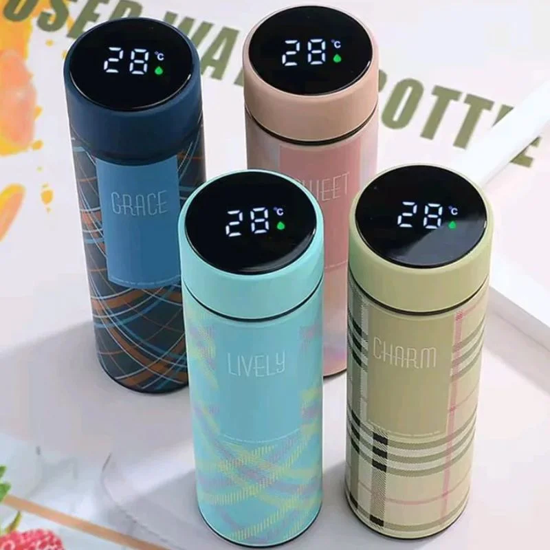LED Temperature Display Water Bottle | Checkered Design | Smart Stainless Steel Vacuum 500ml Flask | Random Color - Image 3
